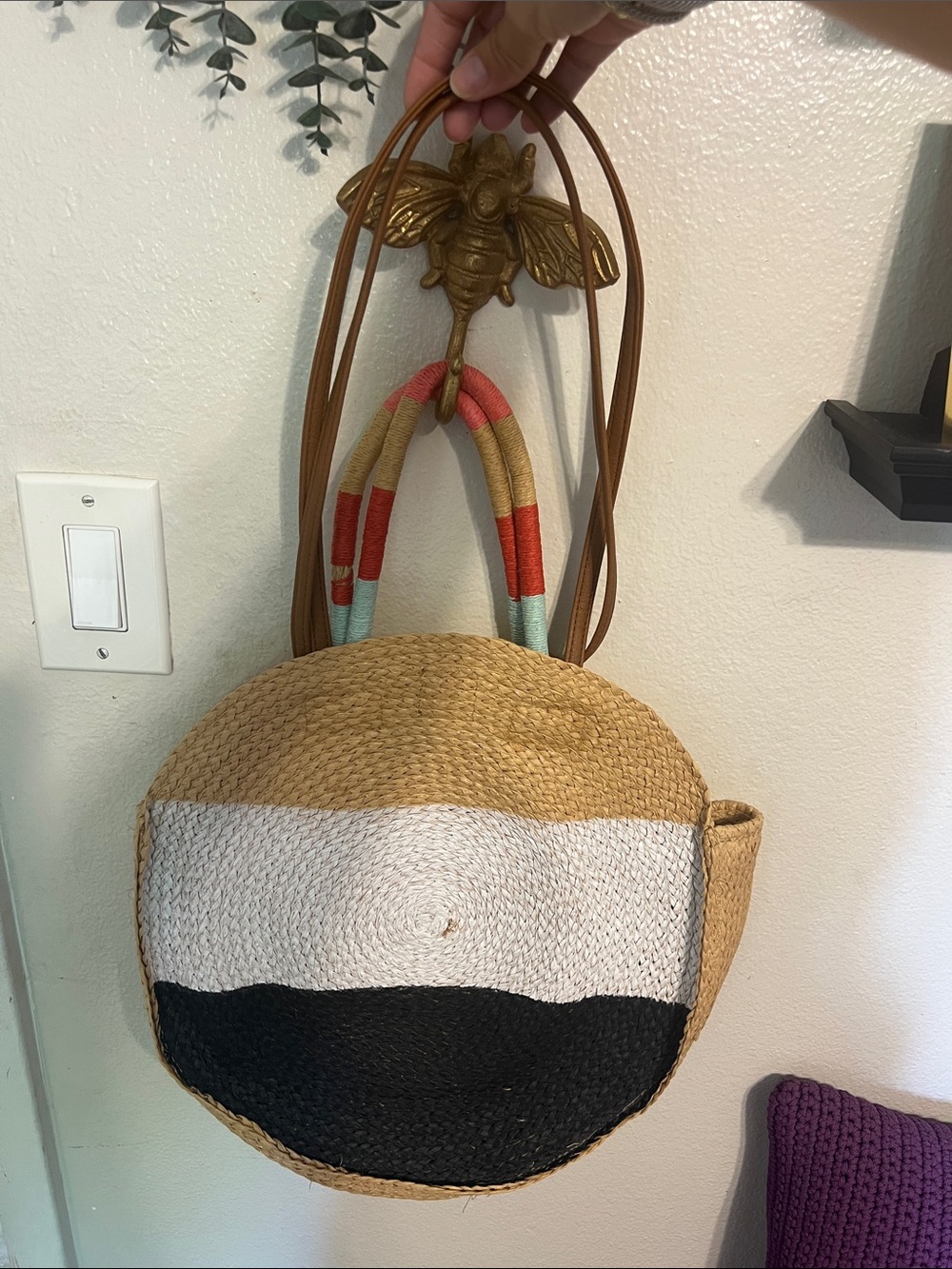 Time and Tru Straw Colorblock Tote with double straps